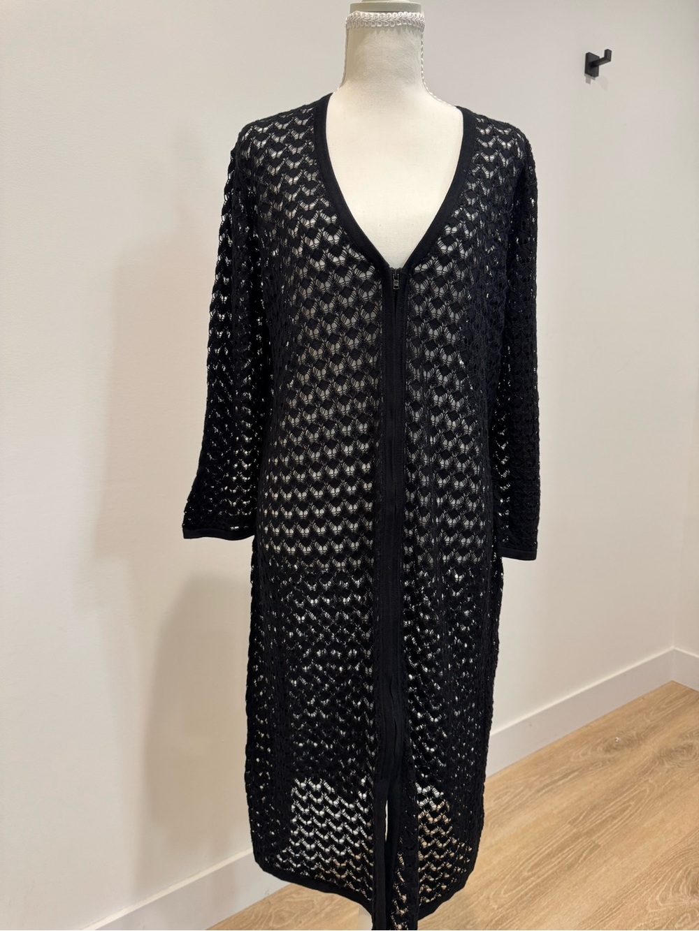 Black Crochet lace Long Sleeve Swim Cover-Up Front Zip cotton L/XL Y2K  RESORT